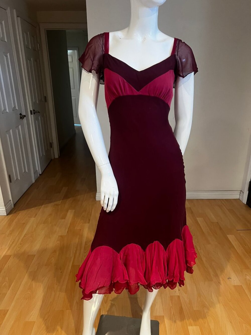VINTAGE 90'S Y2K BETSEY JOHNSON RUFFLE COLORBLOCK SILK DRESS SZ 4 FAIRY GRUNGE